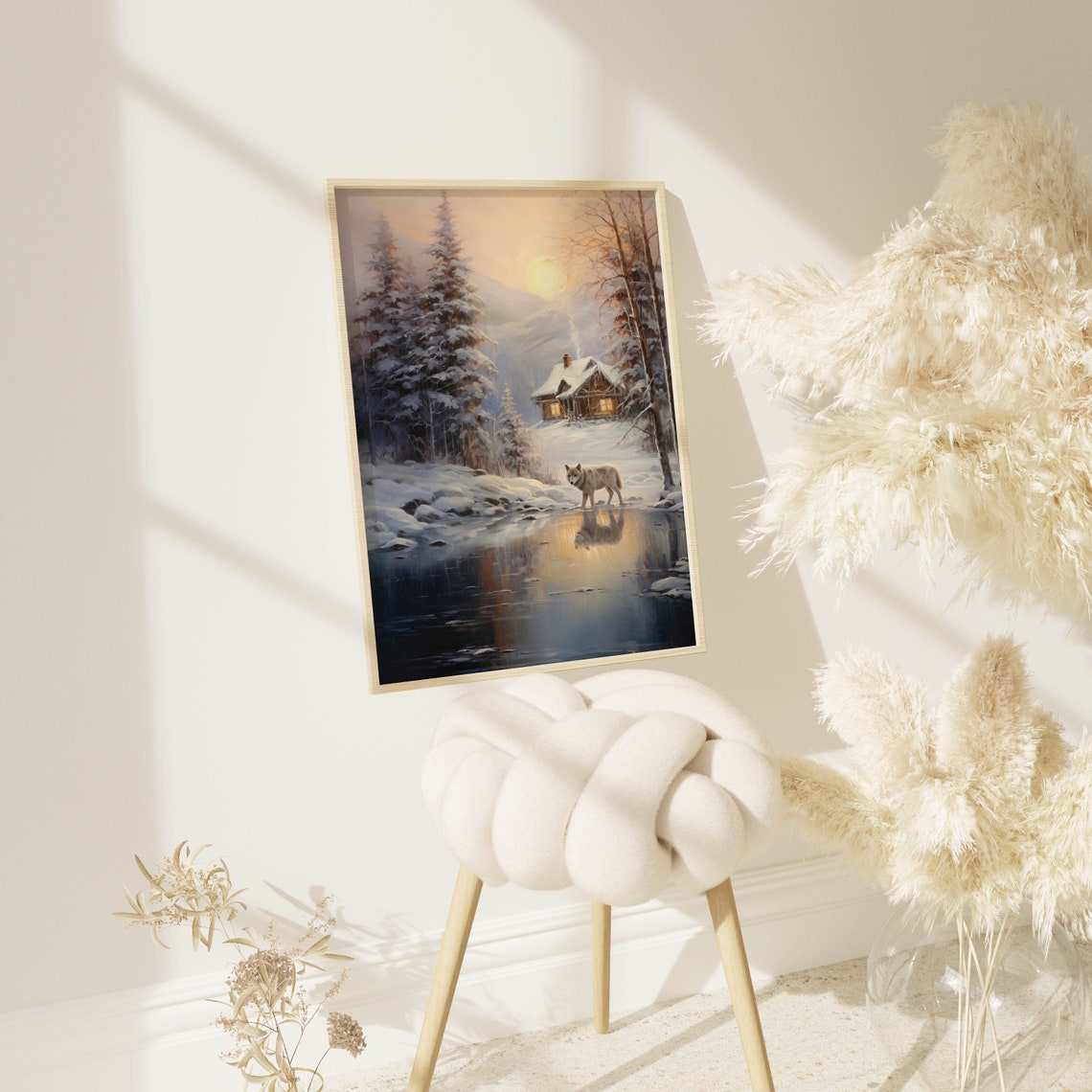 White Wolf by a Winter Stream with Log Cabin Sunset Landscape Poster - Image 2