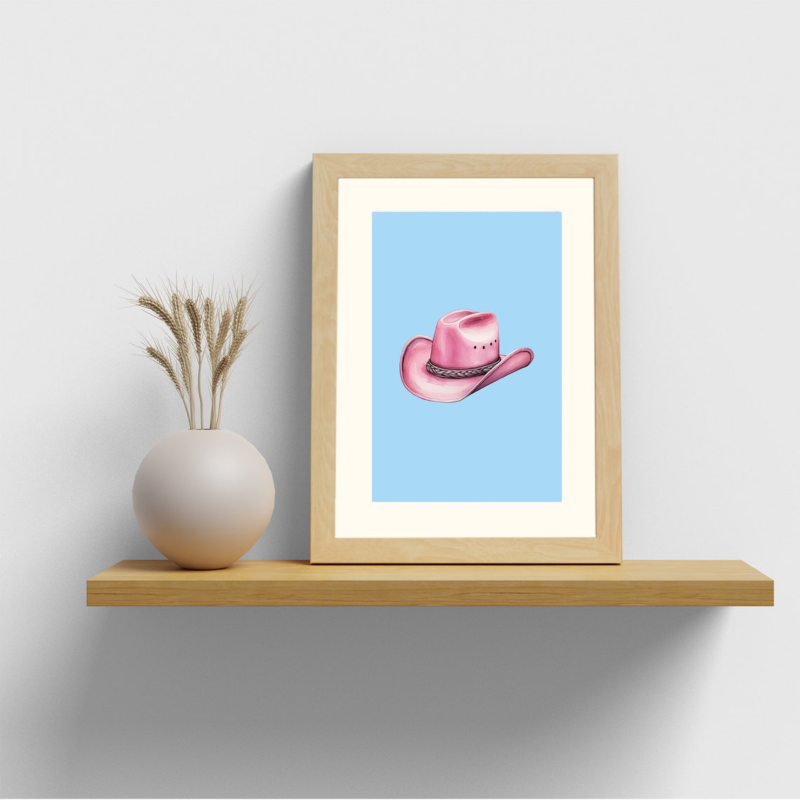 Pink Cowboy Hat on Blue Background Watercolor Western Wall Art - Image 4