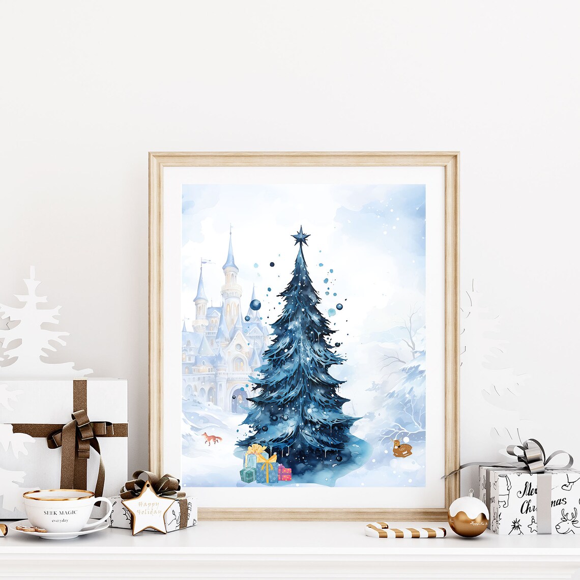 Blue Watercolor Christmas Tree Fairy Tale Castle Snowy Poster - Image 7