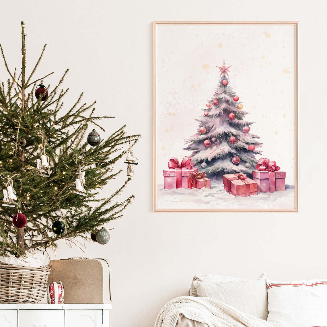 Blush Pink Christmas Tree Watercolor Ornaments Gifts Wall Poster - Image 4