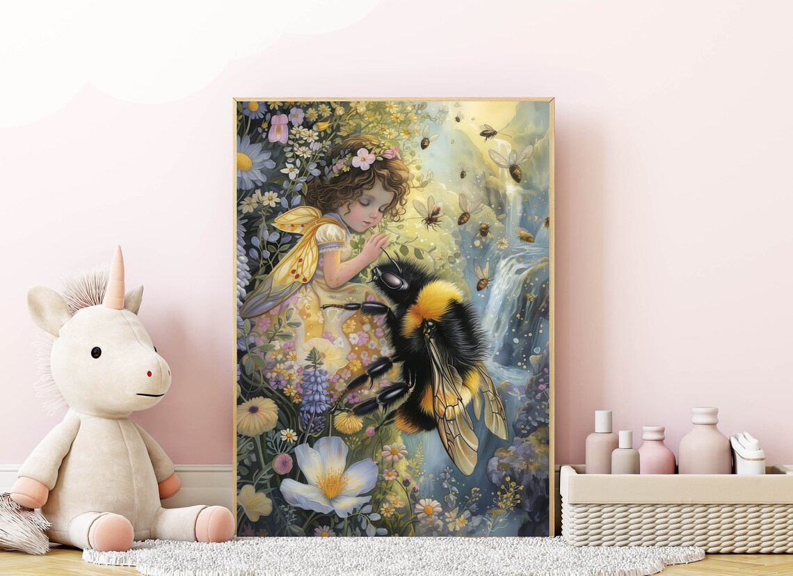 Little Fairy Girl Giant Bumblebee Wildflower Garden Fantasy Poster - Image 3