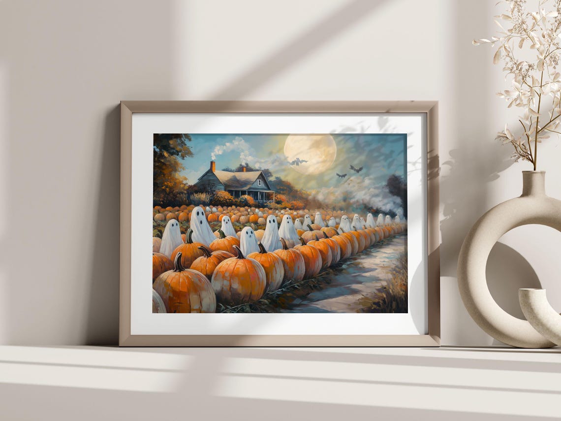 Cute Sheet Ghosts Pumpkin Patch Farmhouse Halloween Art Print - Image 6