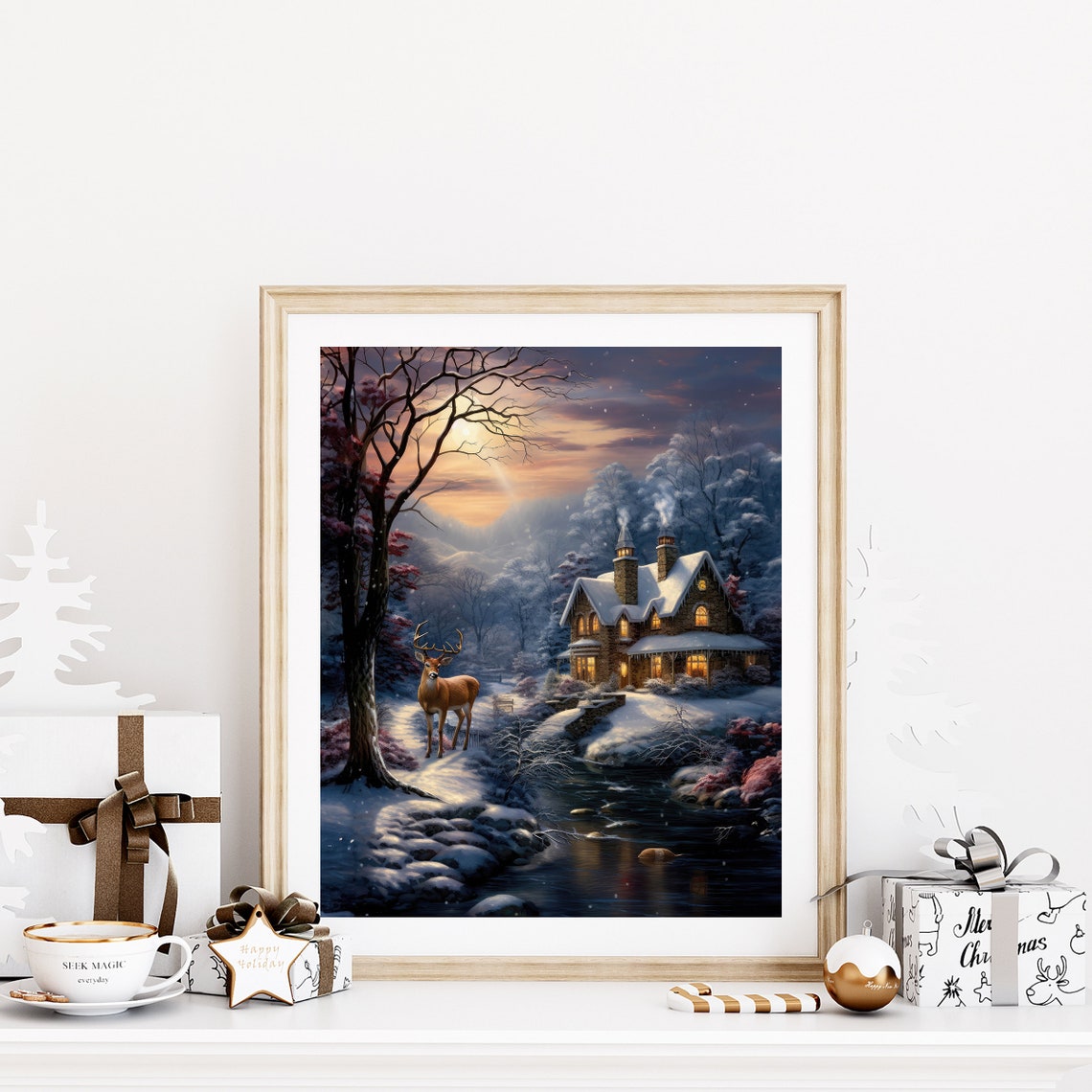 Stag By Moonlit River Near Lit Stone Cottage Winter Night Poster - Image 4