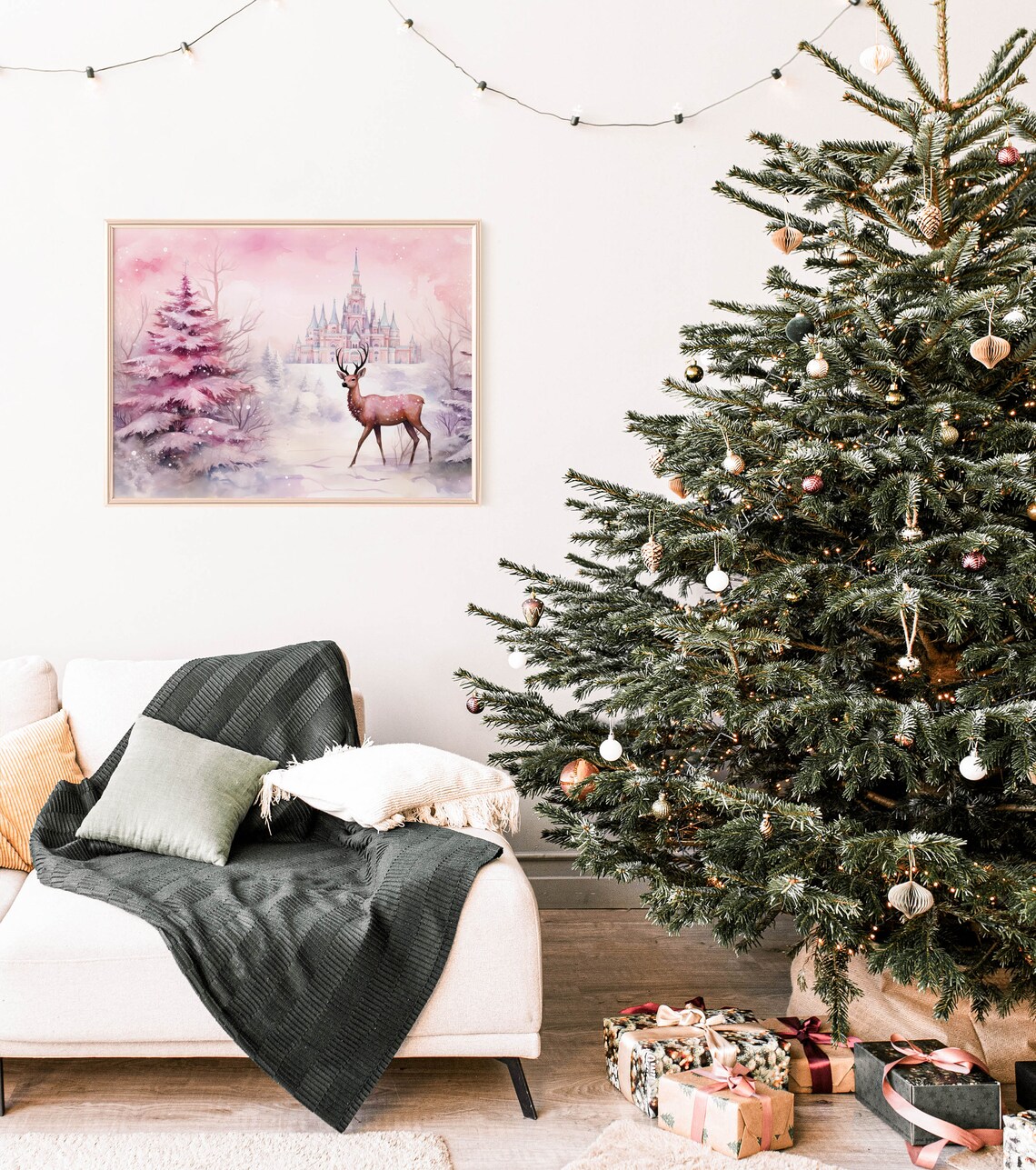 Pink Christmas Reindeer Castle Watercolor Dreamy Holiday Art Print - Image 2