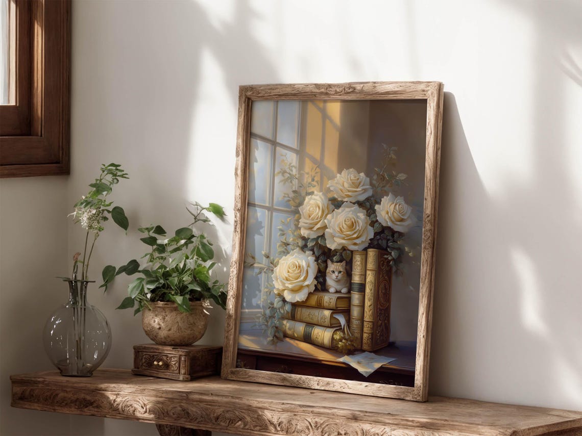 Cream Cat Among White Roses and Vintage Books Library Art Print - Image 3