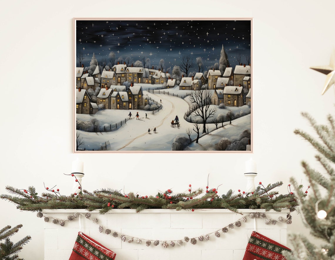 Vintage Christmas Village Wall Art Vintage Christmas Winter Night Wall Art Antique Style Christmas Decor Xmas Town Painting Xmasv1 - Image 4