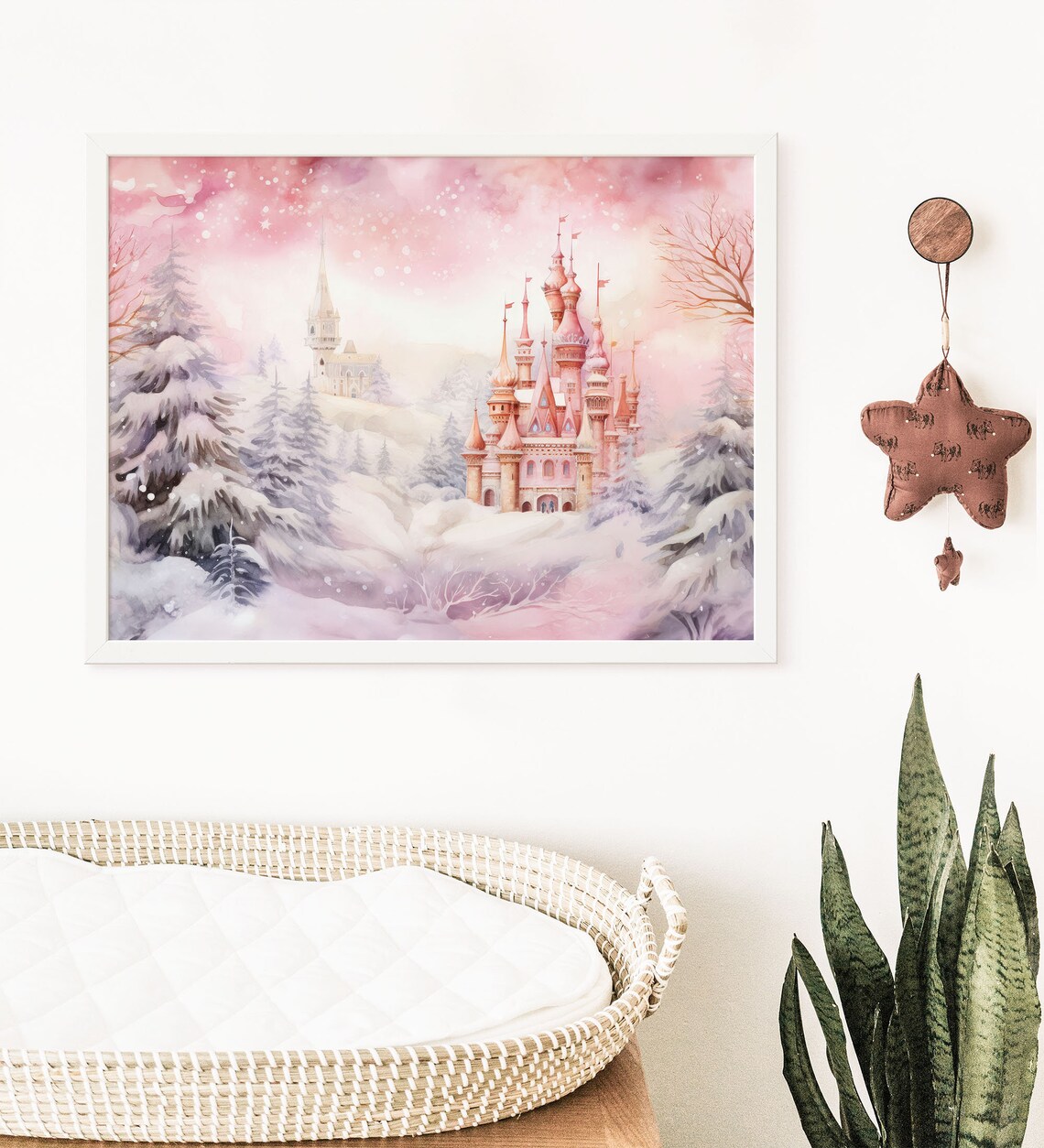 Pink Watercolor Castle Snowy Winter Forest Christmas Art Poster - Image 7
