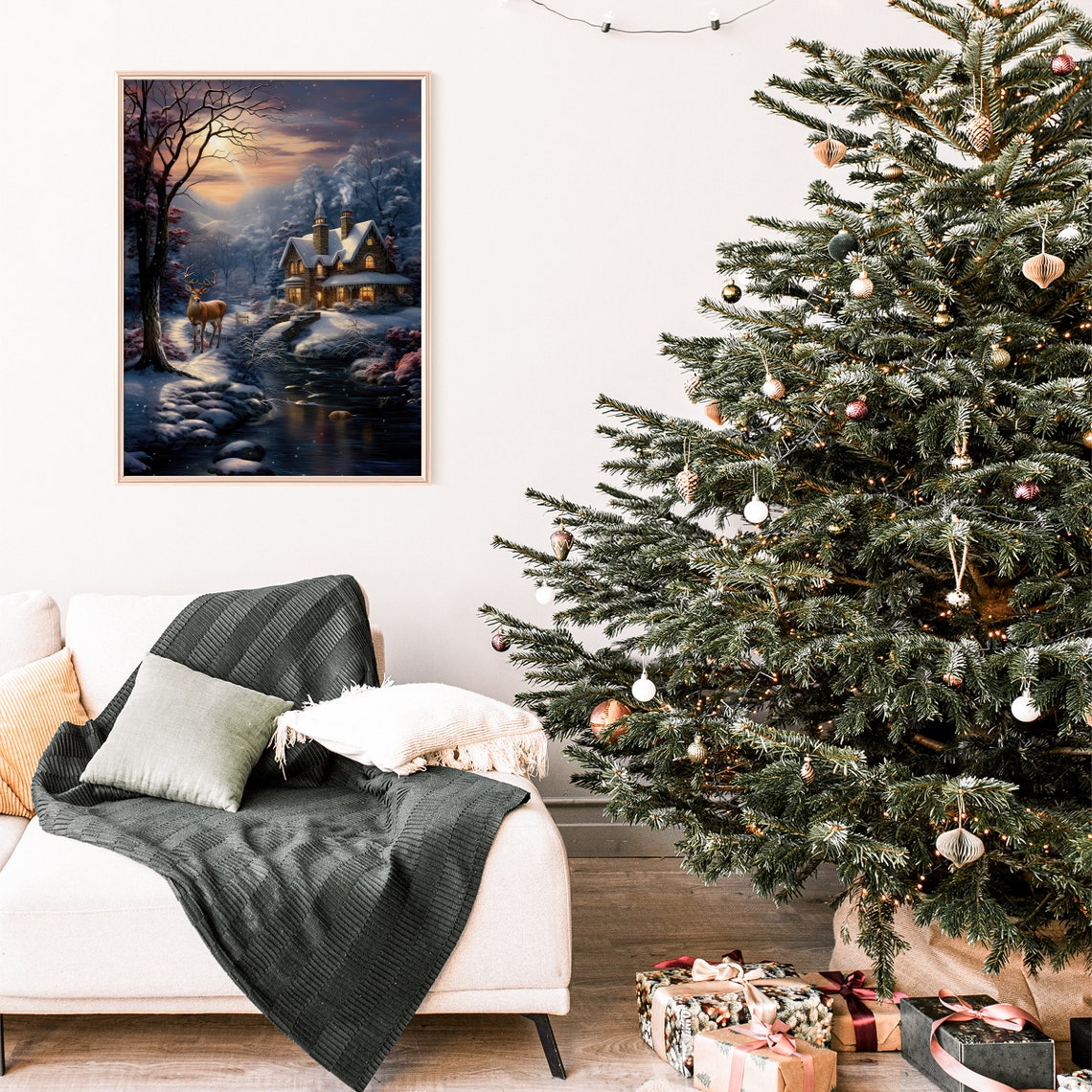 Stag By Moonlit River Near Lit Stone Cottage Winter Night Poster - Image 5