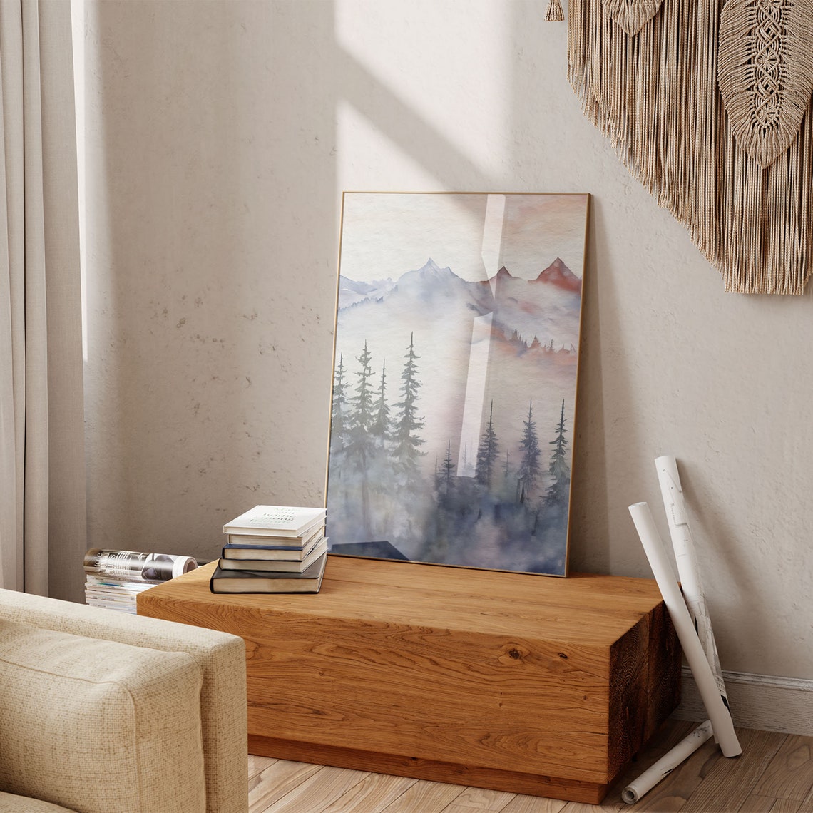Pink Blue Pine Forest Mountain Watercolor Landscape Wall Art - Image 6