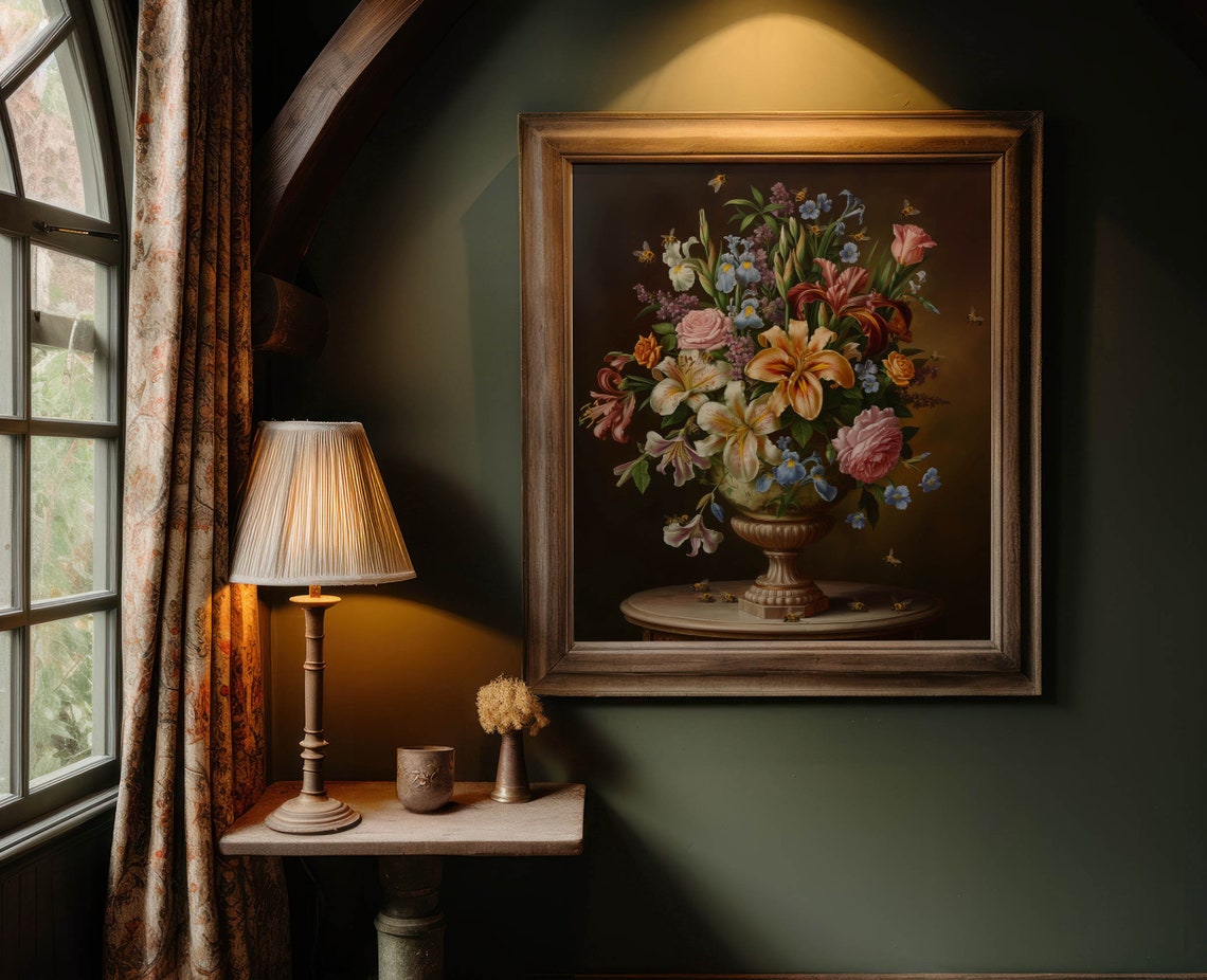 Dark Moody Floral Still Life Lush Bouquet Bumblebee Vintage Poster - Image 2