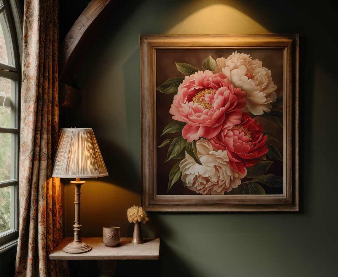 Pink Red Cream Peonies Dark Brown Background Botanical Floral Poster - Image 3