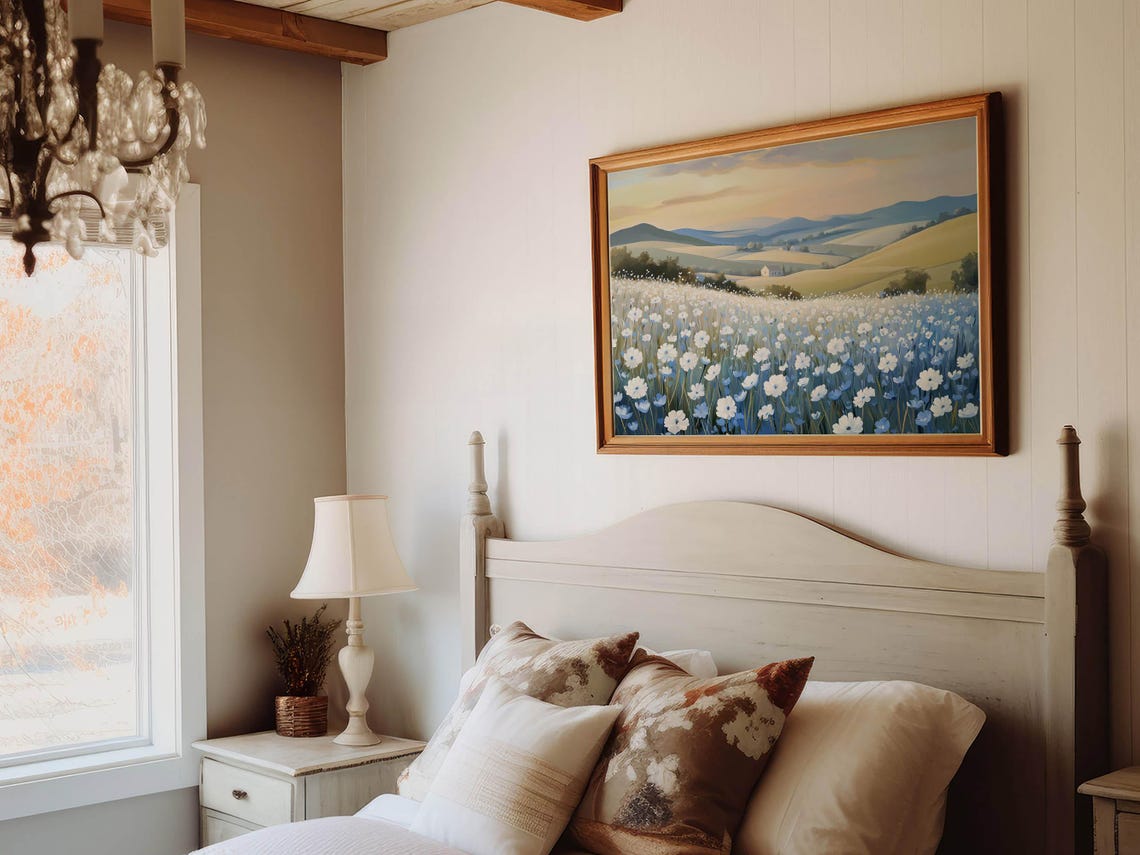 Blue and White Wildflower Meadow Sunset Hillside Country Art Print - Image 5