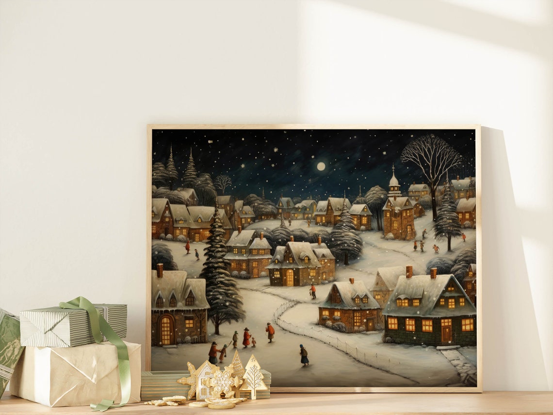 Vintage Christmas Village Snowy Night Moonlight Holiday Poster - Image 8