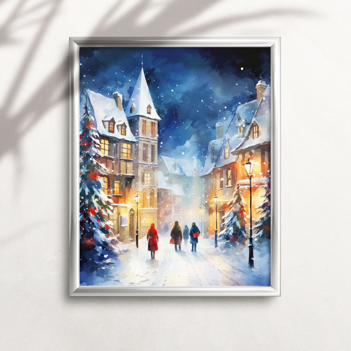 Snowy Christmas Street Church Tower Night Watercolor Art Print - Image 2