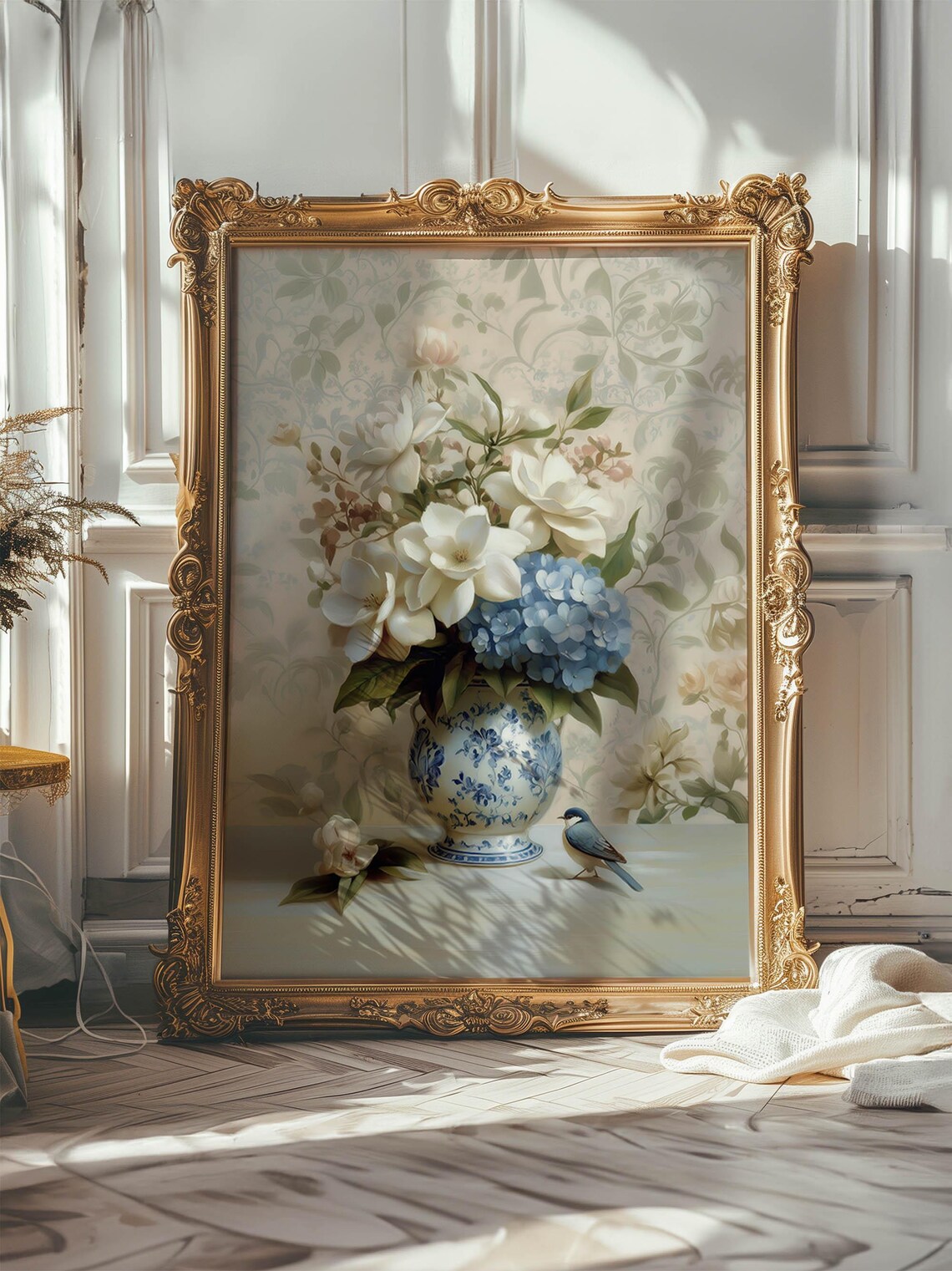Chinoiserie Blue Vase with Hydrangea and Gardenias Art Print - Image 5