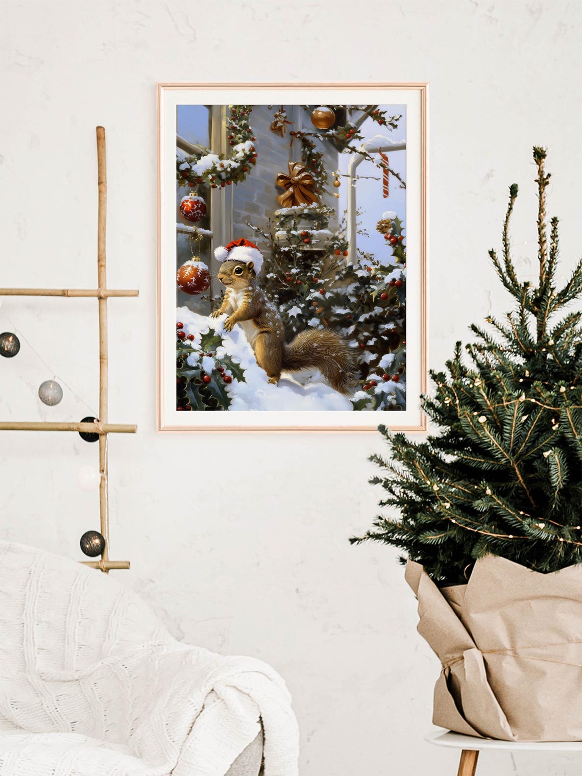 Squirrel Wearing Santa Hat Snowy Christmas Ornaments Vintage Poster - Image 5