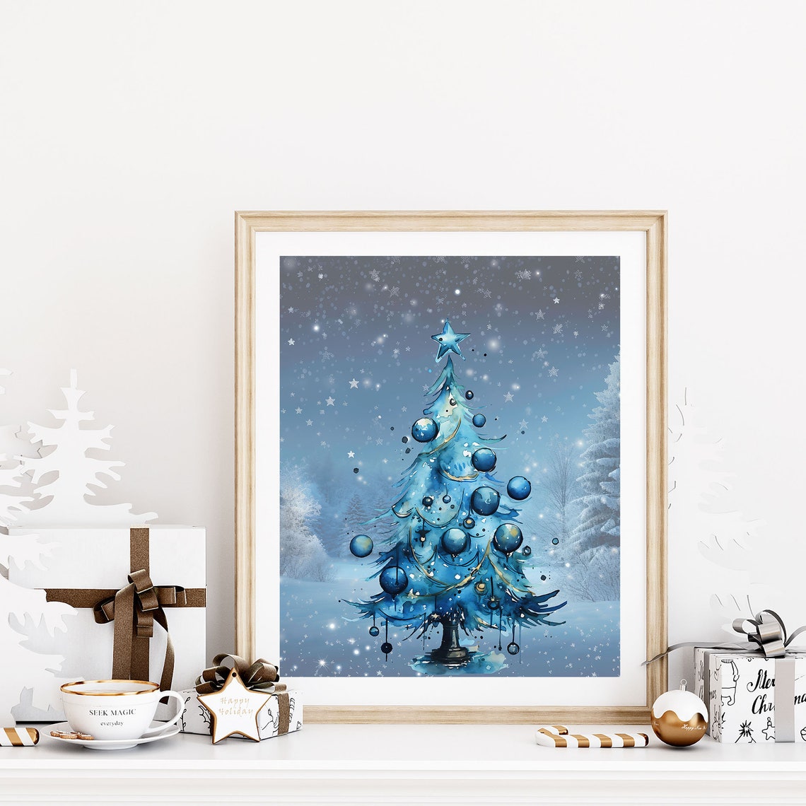 Blue Watercolor Christmas Tree Starry Snowy Night Holiday Poster - Image 5