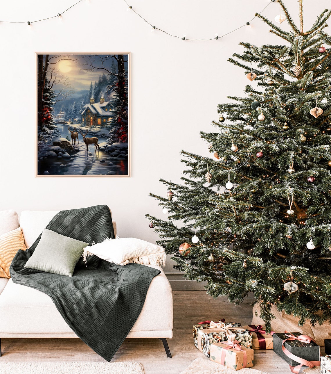 Two Deer Moonlit Stream Cozy Cabin Snowy Forest Night Poster - Image 6