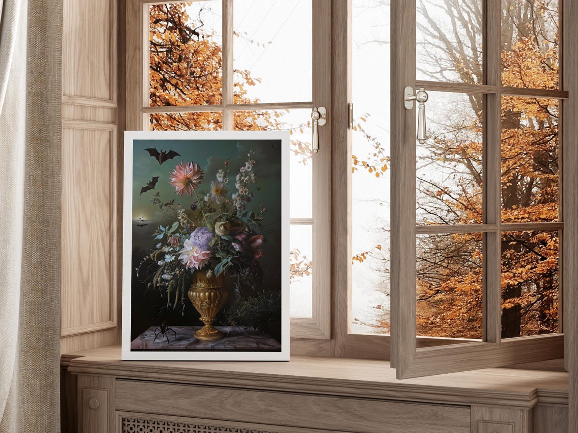 Dark Floral Still Life Bats Spider Gothic Halloween Art Poster - Image 2