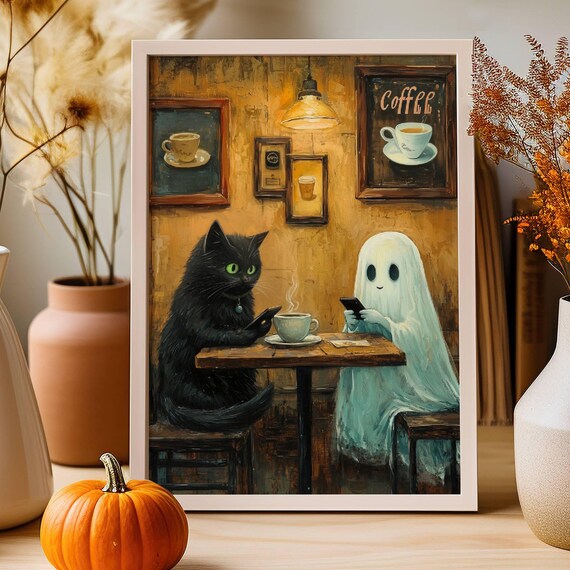 Black Cat and Ghost on Phones Over Coffee at a Cozy Cafe Poster