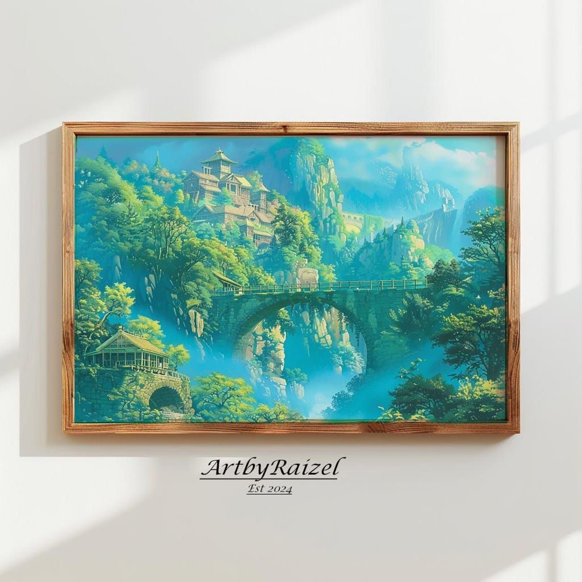 Anime Fantasy Valley Stone Bridge Temple Cliff Landscape Poster