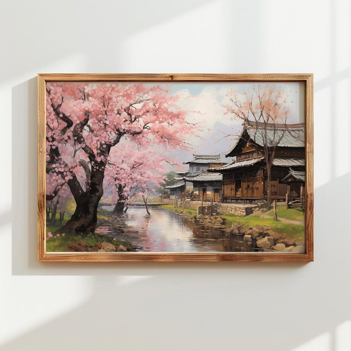 Cherry Blossom Canal Japanese Village Spring Stream Scene Poster