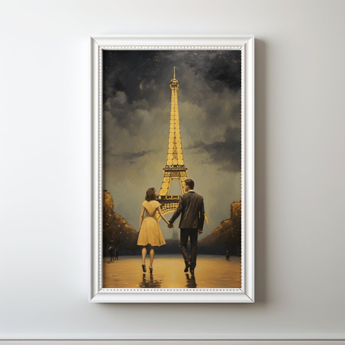 Eiffel Tower Paris Night Romantic Couple Golden Painting Poster
