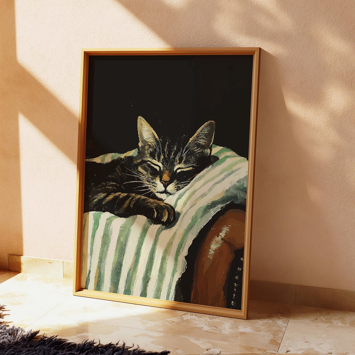Sleeping Tabby Cat on Striped Cushion Dark Oil Painting Poster - Image 3