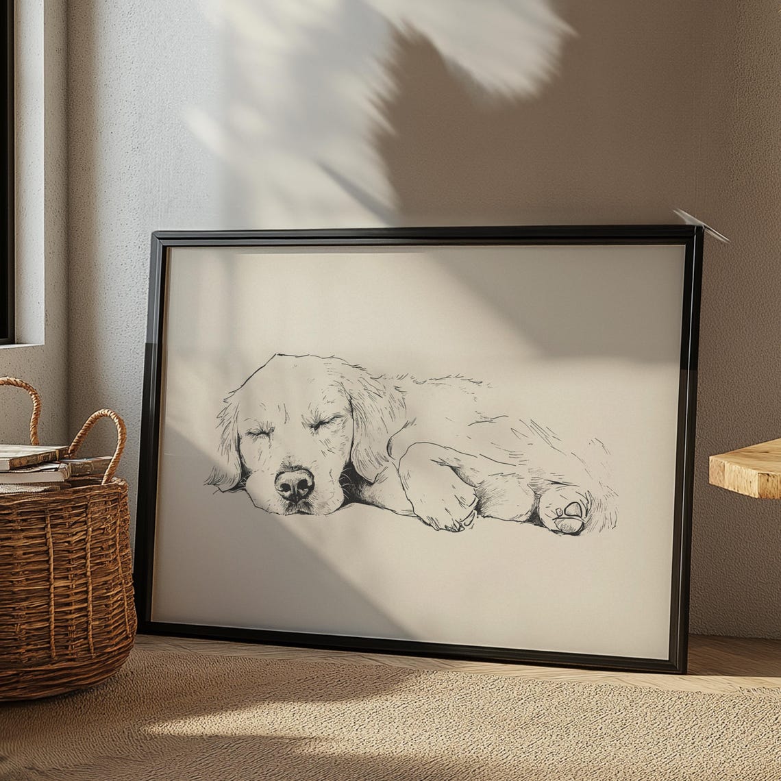 Cute Golden Retriever Art Dog Vintage Poster Sleeping Dog Sketch Antique Vintage Drawing Country Wall Art Dog Print Farmhouse Print - Image 3