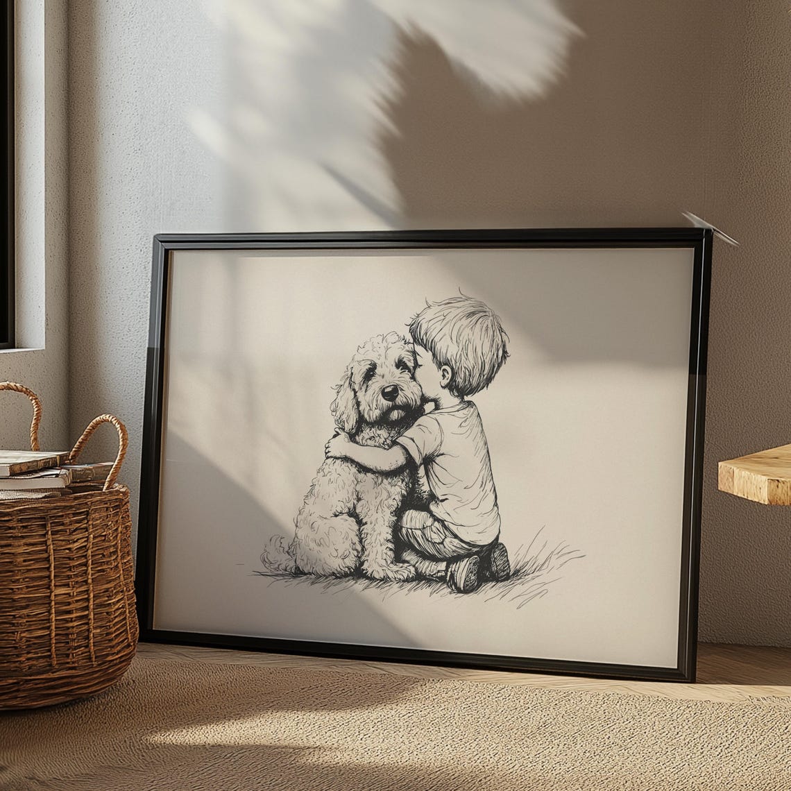 Boy And A Goldendoodle Print Dog Vintage Art Antique Vintage Painting Farmhouse Wall Decor Country Wall Art Dog Drawing Dog Wall Art - Image 2