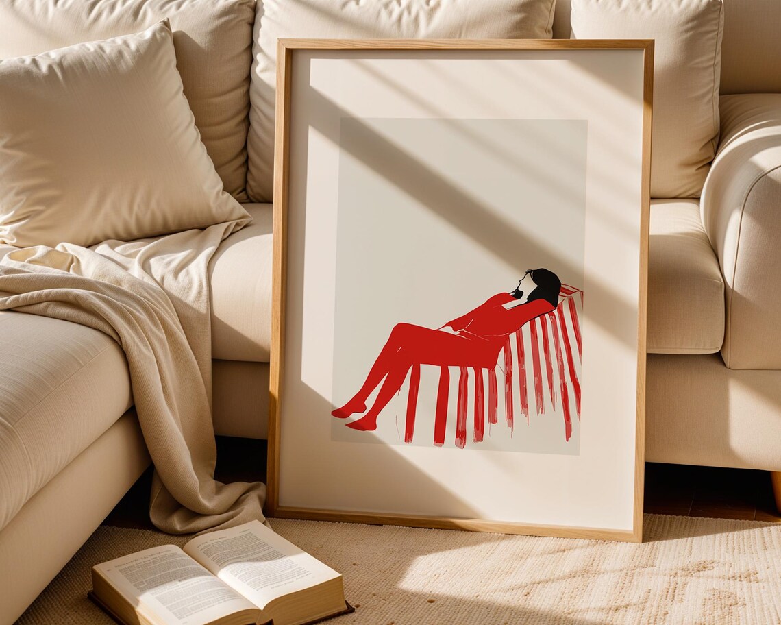 Elegant Woman In Red Dress Reclining Mid Century Modern Poster - Image 2