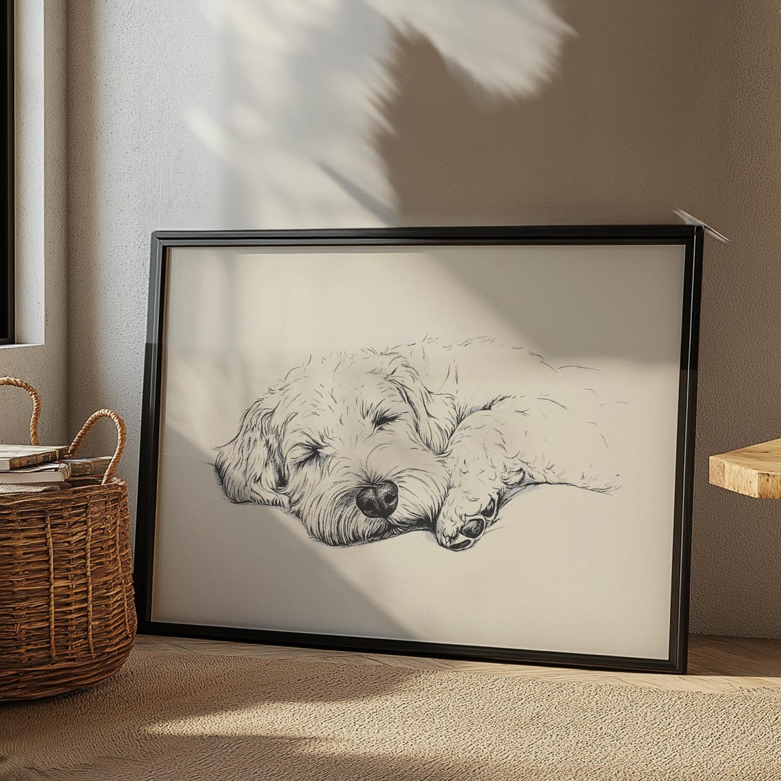 Sleeping English Sheepdog Print Dog Vintage Decor Dog Wall Art Antique Vintage Painting Dog Drawing Art English Sheepdog Sketch Poster - Image 3