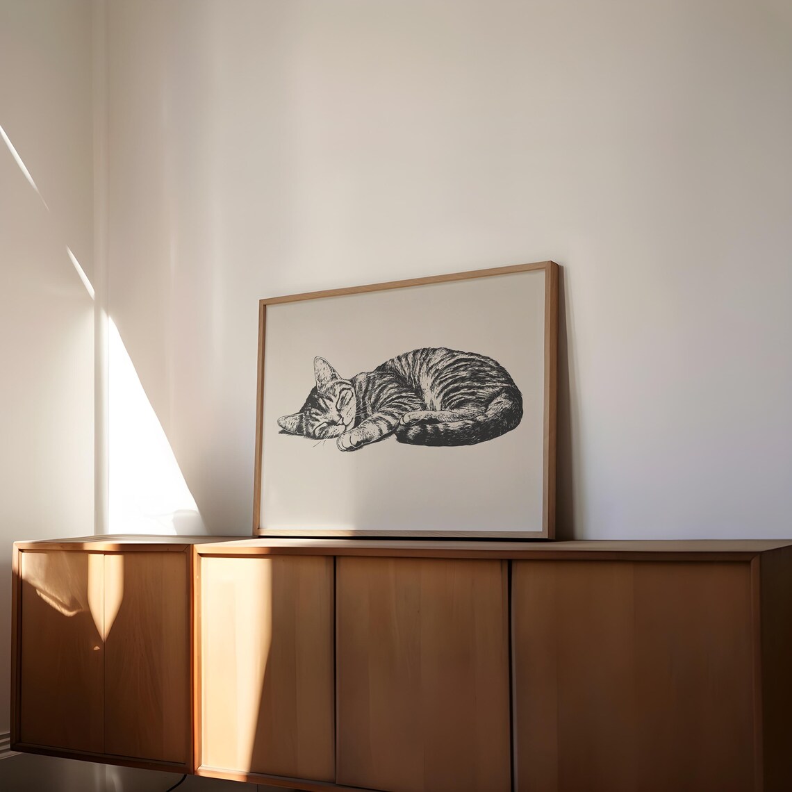 Sleeping Tabby Cat Curled Up Warm Toned Cozy Nursery Sketch Poster - Image 3