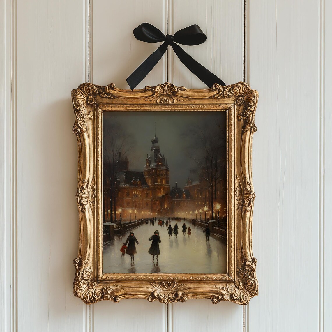 Night Ice Skating by the Illuminated Grand Hotel Vintage Painting Poster