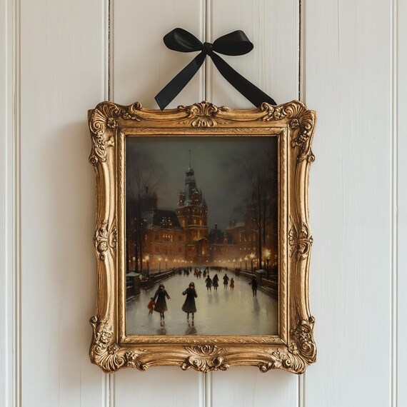 Night Ice Skating by the Illuminated Grand Hotel Vintage Painting Poster