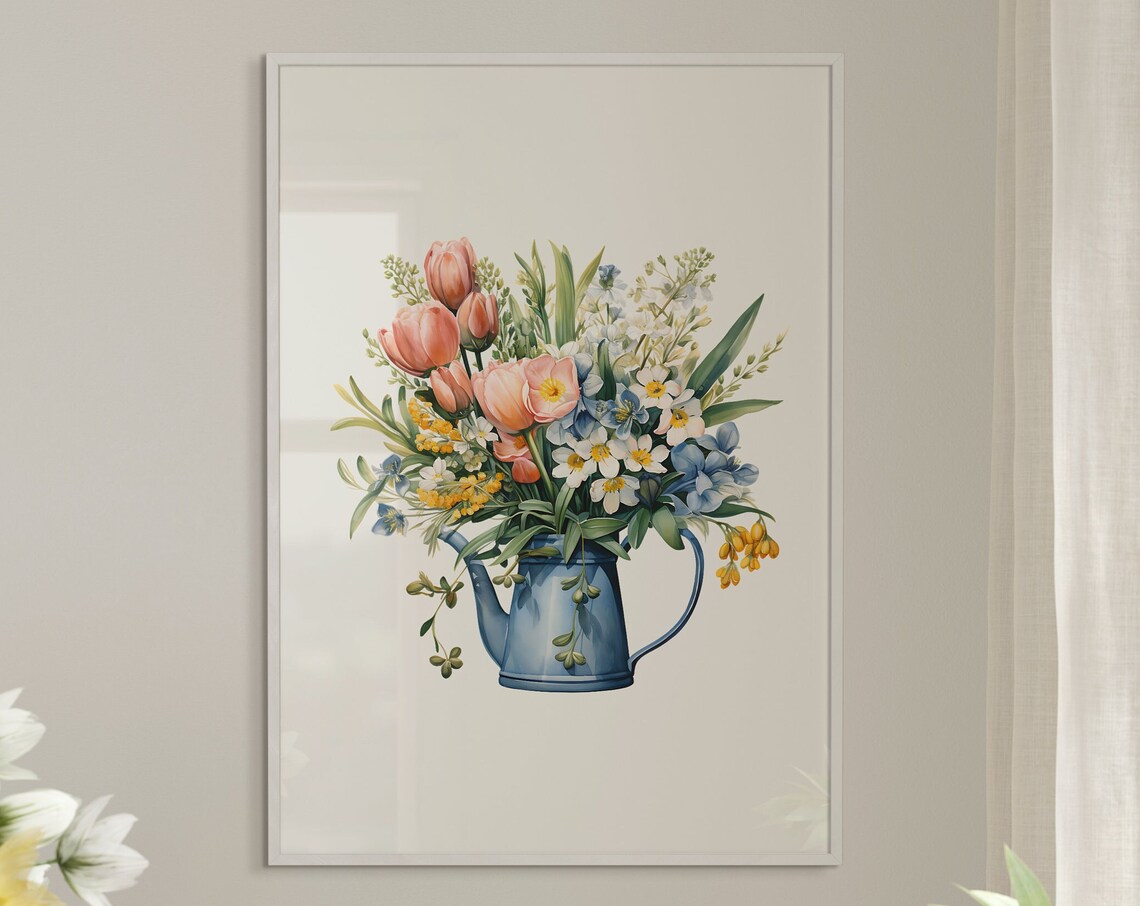 Peach Tulips and Meadow Flowers in a Blue Pitcher Watercolor Poster - Image 5
