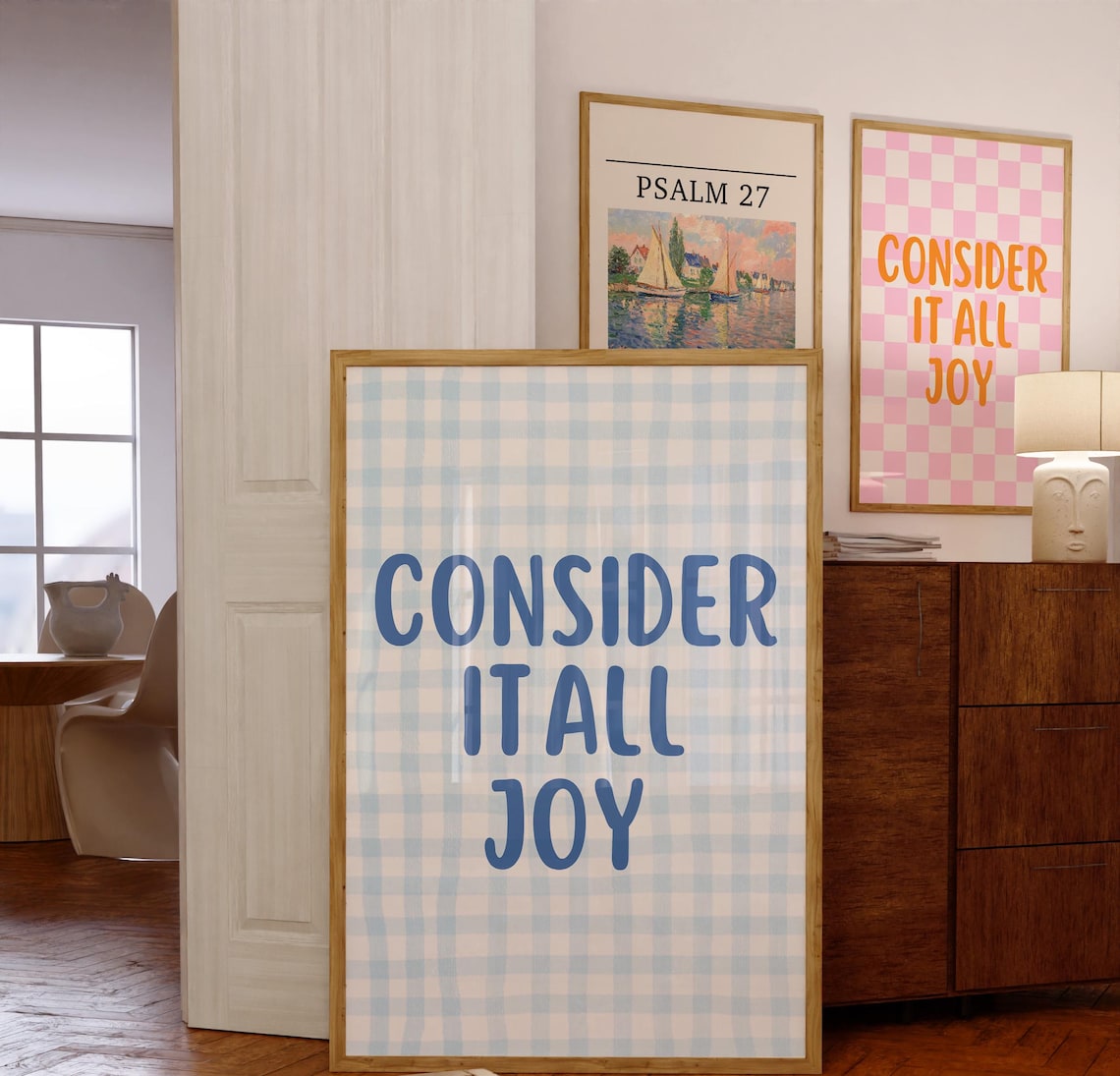 Blue Gingham Checkered Consider It All Joy Scripture Verse Poster