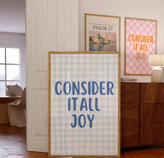 Blue Gingham Checkered Consider It All Joy Scripture Verse Poster