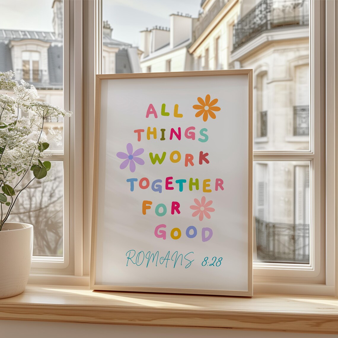 All Things Work Together for Good Romans 8:28 Colorful Floral Poster - Image 2