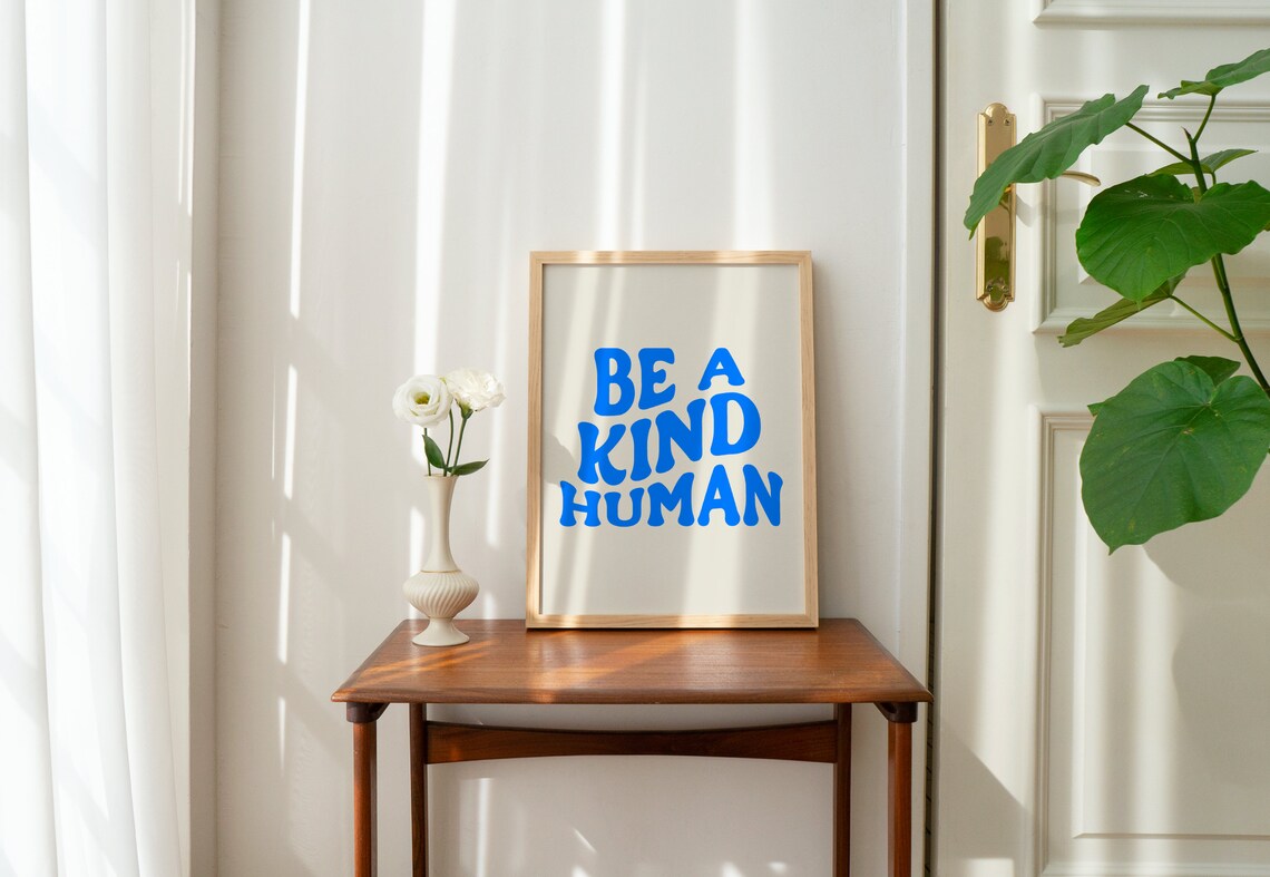 Be A Kind Human Blue Retro Groovy Motivational Inspirational Poster - Image 2