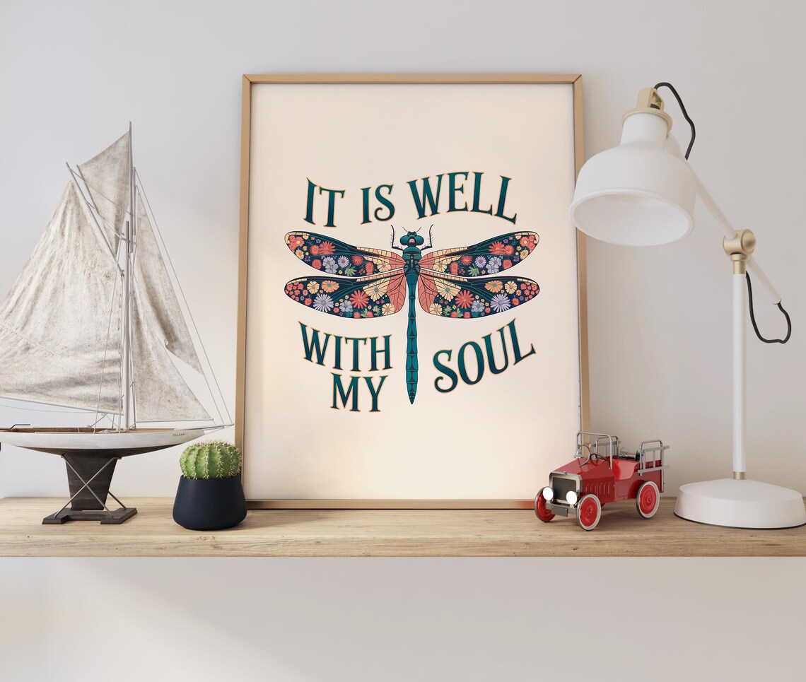 It Is Well With My Soul Vintage Floral Dragonfly Hymn Poster - Image 3
