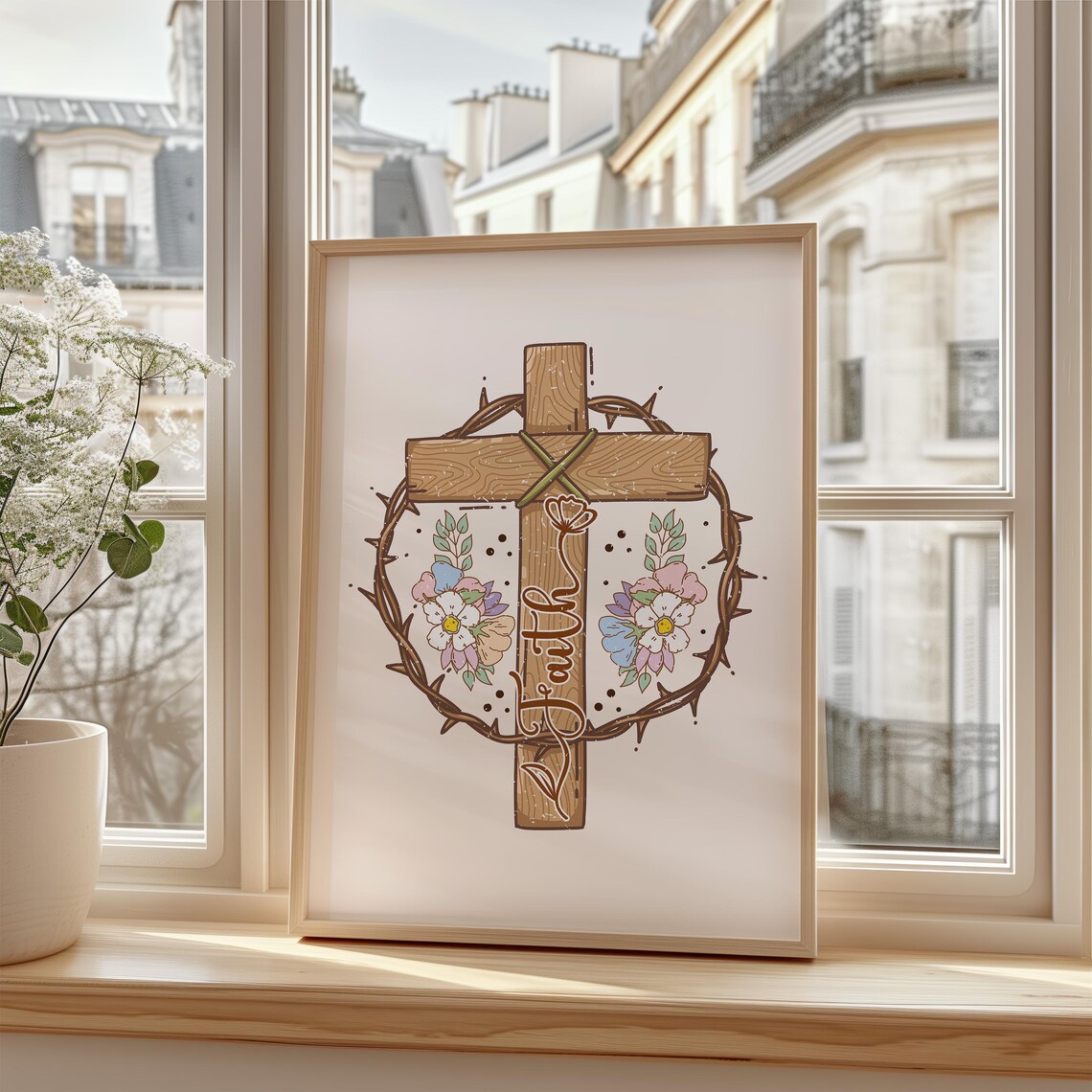 Faith Wooden Cross Crown Of Thorns Floral Christian Quote Poster - Image 2