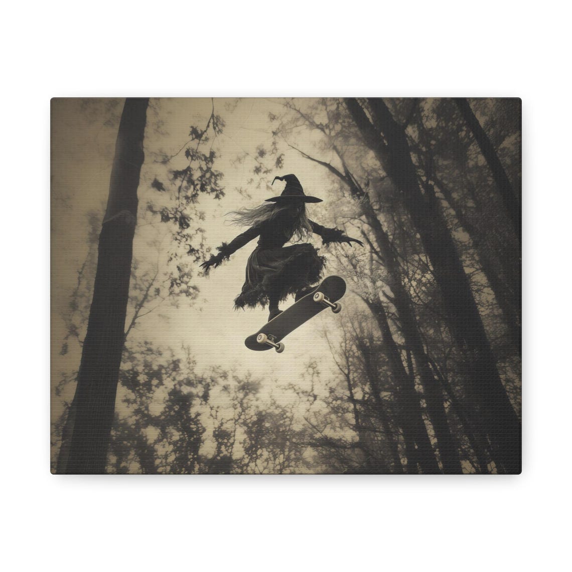Witch Skateboarding Over Forest Trick Vintage Sepia Halloween Poster - Image 3