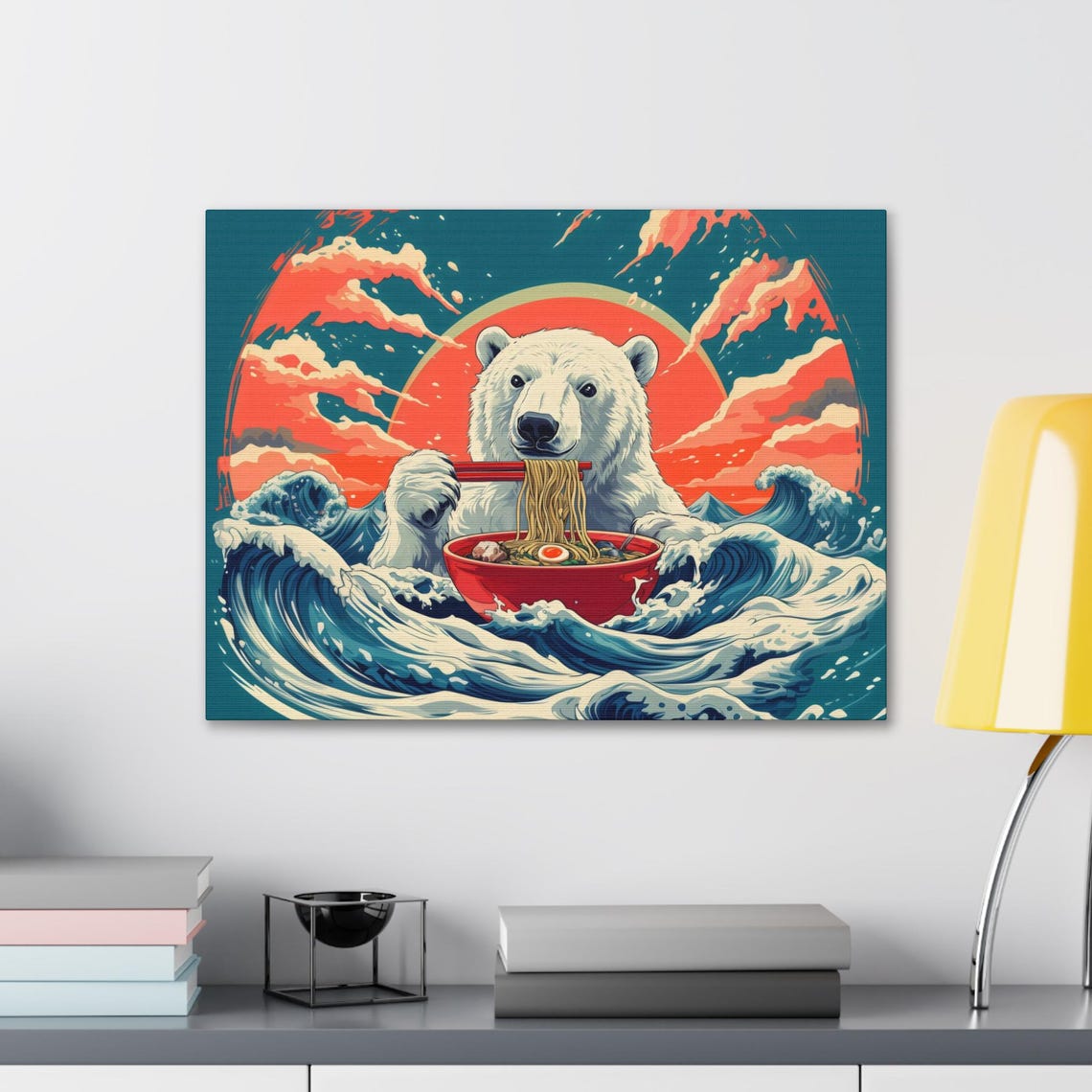 Polar Bear Ramen Great Wave Red Sun Japanese Inspired Art Poster - Image 2