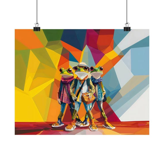 Hipster Frogs Geometric Poster Print Landscape Modern Painting Bright Calm Relaxing Wall Print Airbnb Art Wall Decor