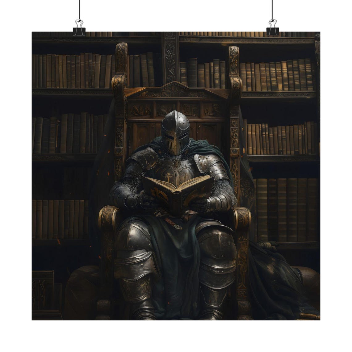 Silent Knight Reading In A Dark Old Library Moody Maximalist Wall Art - Image 4
