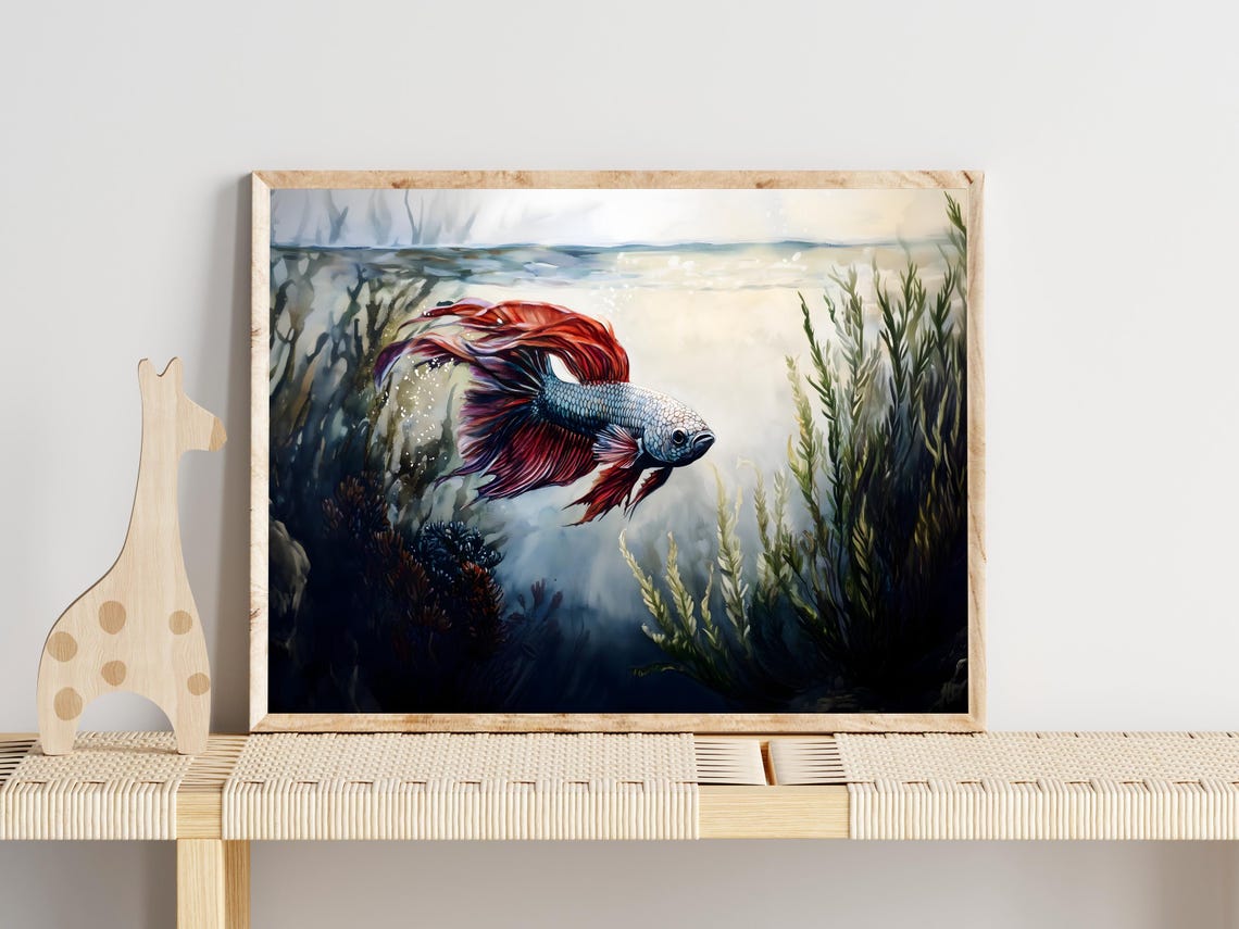 Betta Fish Silver Blue Crimson Fins Underwater Reeds Wall Art - Image 2