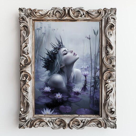 Crowned Lady Floating in Violet Water Lily Pond Among Reeds Print