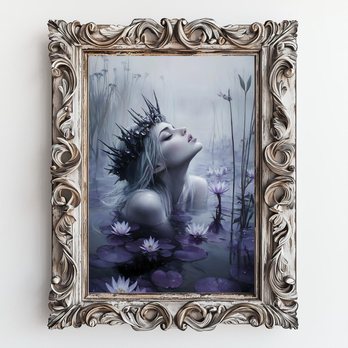 Crowned Lady Floating in Violet Water Lily Pond Among Reeds Print