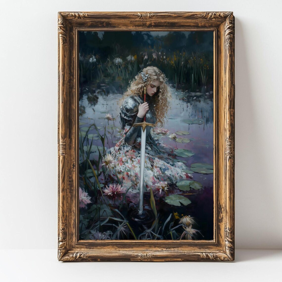 Female Knight Lady of the Lake Sword in Water Lily Pond Fantasy Poster - Image 2